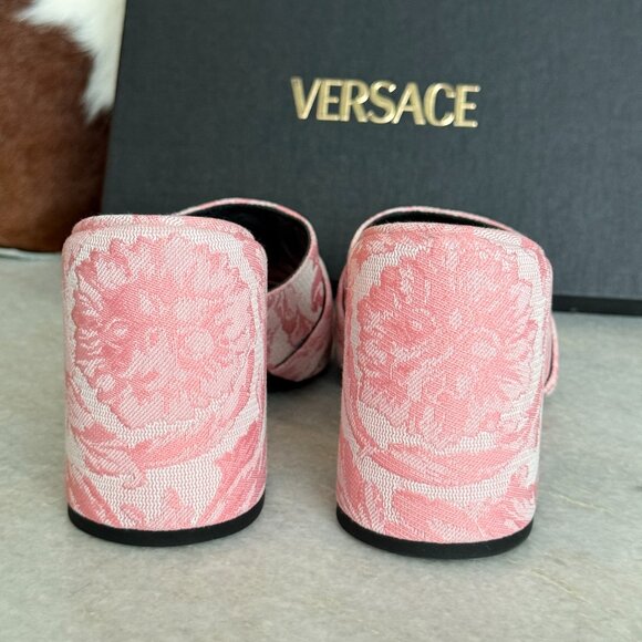 VERSACE 1014747 Women's Medusa Mule Jacquard Pink Fabric Sandals heels - Picture 4 of 12